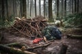 outdoor sports gear tornado in the forest, with broken branches and fallen trees