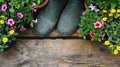 Outdoor spring gardening plants concept with green gardening bootson old wooden table. Royalty Free Stock Photo