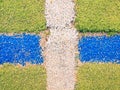 Outdoor stadium. Colorful lines in empty outdoor handball playground, plastic light green surface on ground and white, red and Royalty Free Stock Photo