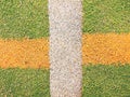 Outdoor stadium. Colorful lines in empty outdoor handball playground, plastic light green surface on ground and white, red and Royalty Free Stock Photo