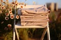 Outdoor still life composition featuring stylish light brown beige trousers