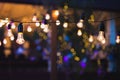 Outdoor string lights hanging on a line in backyard. Royalty Free Stock Photo