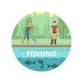 Outdoor summer activities. Fishing people with fish and equipment vector emblem