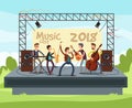 Outdoor summer festival concert with pop music band playing music outdoor on stage vector illustration Royalty Free Stock Photo