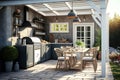 outdoor summer kitchen with long barbecue and table with dishes