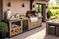 outdoor summer kitchen with long barbecue and table with dishes