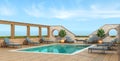 Outdoor summer swimming pool near the sea in a sunny day