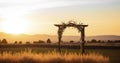 Outdoor sunset view of a Jewish traditions wedding ceremony. Wedding canopy chuppah or huppah