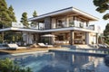 Outdoor swimming pool, 2 floors, modern style with evening sunlight And there is a light inside the house with furniture inside