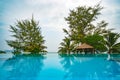 Outdoor swimming pool on an island in Cambodia. Seascape and swimming pool with open perspective, wonderful holiday