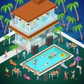Outdoor Swimming Pool Party. Luxury Tropical Hotel. Isometric flat 3d illustration