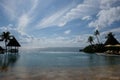 Swimming pool and sunny white cloud sky in Maldive island resort Royalty Free Stock Photo