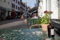 Outdoor table and chair without people in front of cafe, bar, and restaurant in walking street old town DÃÂ¼sseldorf, Germany. Royalty Free Stock Photo