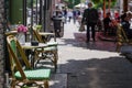 Outdoor table and chair without people in front of cafe, bar, and restaurant in walking street old town DÃÂ¼sseldorf, Germany. Royalty Free Stock Photo