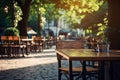 Outdoor table of coffee cafe and restaurant. Summer terrace on city street. Empty outside tables and chairs of outdoor cafe on Royalty Free Stock Photo