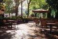 Outdoor table of coffee cafe and restaurant. Summer terrace on city street. Empty outside tables and chairs of outdoor cafe on Royalty Free Stock Photo