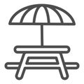 Outdoor table with umbrella line icon, picnic concept, Camping Table sign on white background, Table and chair outside