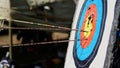 An outdoor target for shooting with a bow and arrows, for archery arrows on a summer day , in the Park. Archery target