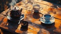 Outdoor Tea and Coffee with sunrise Royalty Free Stock Photo