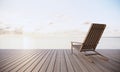Outdoor terrace with beautiful morning sunrise scenery over the sea and wooden chair 3D render background