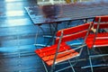 Outdoor terrace chairs and tables in raindrops