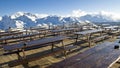 Outdoor terrace of a mountain restaurant in the Alps