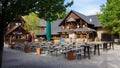 Outdoor terrace of restaurant in the backyard of castle Satzvey