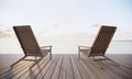 Outdoor terrace sea view with beautiful morning sunrise scenery and wooden chair 3D render background