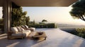 outdoor terrace with white sofas wooden table, beautiful landscape view