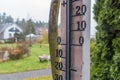 Outdoor thermometer with garden background