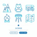 Outdoor thin line icons set: mountains, backpack, camper, fire,