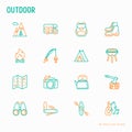 Outdoor thin line icons set: mountains, backpack, uncle boots, k