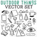 Outdoor Things Vector Set with tent, evergreen, eye, wine, toast, mountain, tea, and flag. Royalty Free Stock Photo