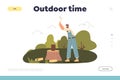 Outdoor time concept of landing page with man chopping wood for picnic in park or forest