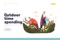 Outdoor time spending concept of landing page with senior couple work in garden gardening Royalty Free Stock Photo