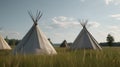 Outdoor tipi accommodation. Tee pee built on green grass. Traditional teepee tent wigwam in nature