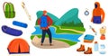 Outdoor tourism adventure vector illustration, cartoon flat tourist hiker backpacker character, travel collection