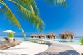 Outdoor tourism landscape. Luxurious beach resort with water villas and beach chairs or loungers under umbrellas with palm trees Royalty Free Stock Photo