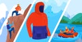 Outdoor tourism vector illustration, cartoon flat jacket with attached hood for sportsman climber tourist, rafting in