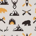 Outdoor tourist travel scout badges template emblem vector illustration collection seamless pattern background bear and Royalty Free Stock Photo