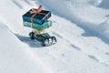 Outdoor toy vintage retro car with gifts for Christmas and New Year, car on a snowy road. Sunny frosty winter day, a lot of snow Royalty Free Stock Photo