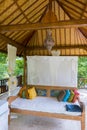 Outdoor traditional bedroom on Gili Air tropical island. Indonesia