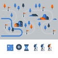 Outdoor trail, hiking map, countryside landscape, Nordic walking, orienteering concept, trail path with flags, vector icons