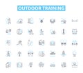 outdoor training linear icons set. Adventure, Teamwork, Fitness, Endurance, Nature, Challenge, Stamina line vector and