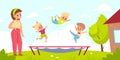 Outdoor trampoline jumping. Children play in yard with gym equipment. Cute kids bounce by mother supervision, active