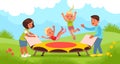 Outdoor trampoline jumping. Happy children and parents on nature. Joint family summer activity. Mom and dad play with