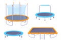 Outdoor trampolines. Rubber trampoline for sport jump gymnastics exercise, gym gymnast equipment, fun kid playgrounds