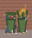 Outdoor trash cans full of garbage with cats cartoon