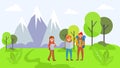 Outdoor travel mountain traveler, activity character rest natural park flat vector illustration. National forest