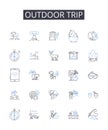 Outdoor trip line icons collection. Beach vacation, Mountain hike, Forest trek, City escape, Road trip, Camping